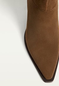 Stivale in suede marrone con punta a punta e suola nera su uno sfondo bianco.