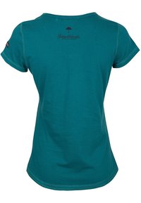 Tyrkysové tričko s krátkým rukávem, vyrobené z jemné bavlny. Má kulatý výstřih, zakřivený lem a malé logo deštníku na zadní straně.