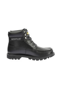 Stivale alla caviglia in pelle nera con suola in gomma, design con lacci, colletto imbottito e logo Caterpillar sul lato. Finitura strutturata e cuciture visibili.