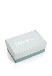 Rechthoekige juwelendoos met een gestructureerde zilveren afwerking en een mintgroene basis. Het deksel heeft de merknaam "BREIL" in vetgedrukte witte letters.
