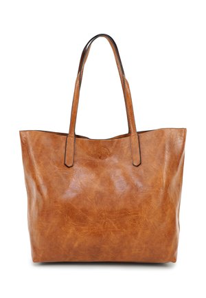 Braune Leder-Handtasche mit zwei Schulterriemen, glatter Textur und minimalistischem Design. Verfügt über einen leichten Glanz und keine sichtbaren Beschläge.