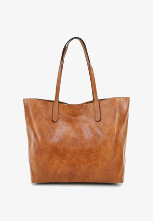 Bruine leren tote bag met twee schouderbanden, gladde textuur en een minimalistisch ontwerp. Heeft een lichte glans en geen zichtbare hardware.