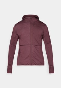 Mørkerød zip-up hættejakke med et struktureret mønster, lange ærmer og en tætsiddende design. Har en høj krave og en diskret lynlåslomme.
