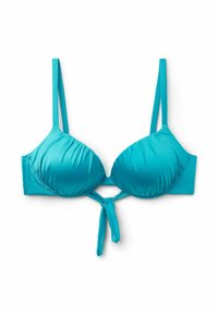 Tyrkysový bikiny top s formovanými košíčky, nastavitelnými tenkými ramínky a detailem na zavazování vpředu. Hladký povrch s přiléhavým designem.