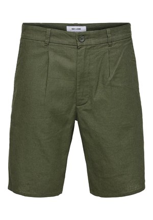 Oliwkowe szorty z tkanej tkaniny, z płaskim przodem z zagnieceniami, zapięciem na guzik i bocznymi kieszeniami. Gładka struktura.