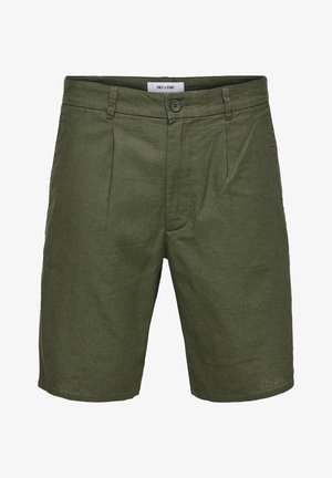 Oliwkowe szorty z tkanej tkaniny, z płaskim przodem z zagnieceniami, zapięciem na guzik i bocznymi kieszeniami. Gładka struktura.