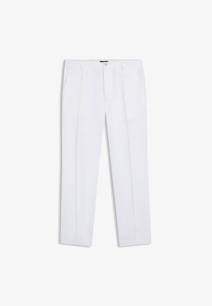 Weiße, gerade geschnittene Hosen aus einem leichten Stoff. Merkmale sind zwei Seitentaschen und ein sauber gestalteter Bund.