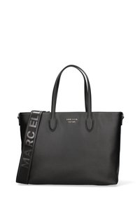 Borsa tote nera con due manici e una tracolla removibile, materiale testurizzato, logo del brand impresso sul davanti, design minimalista, interno spazioso.