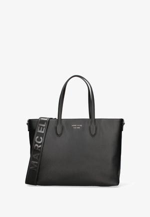 Zwarte tote bag met twee handvatten en een afneembare schouderband, gestructureerd materiaal, reliëf merklogo op de voorkant, minimalistisch ontwerp, ruime binnenkant.