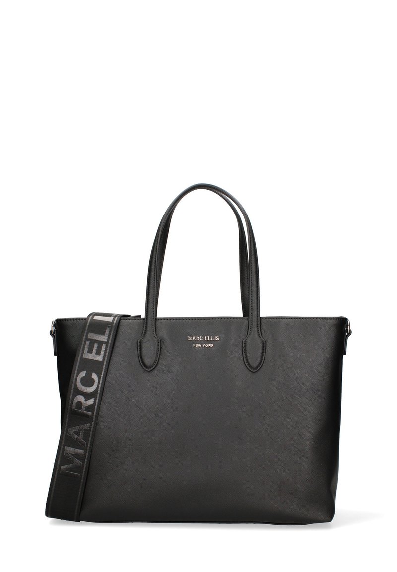 Borsa tote nera con due manici e una tracolla removibile, materiale testurizzato, logo del brand impresso sul davanti, design minimalista, interno spazioso.