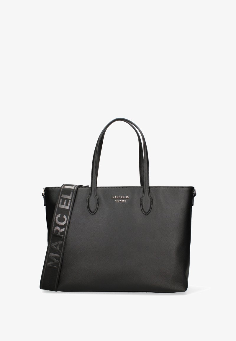 Borsa tote nera con due manici e una tracolla removibile, materiale testurizzato, logo del brand impresso sul davanti, design minimalista, interno spazioso.