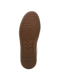 Suola della scarpa in materiale gomma marrone, con un battistrada inciso per una migliore aderenza e il logo del marchio. Forma piatta con bordi curvi.