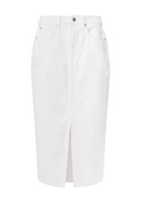Hvit denim blyantskjørt med frontslisse, med standard lommer og knappelukking. Glatt tekstur og rett fasong.