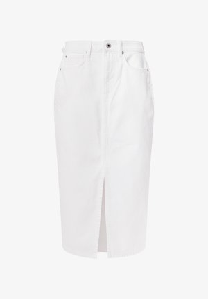 Falda lápiz de denim blanca con una abertura frontal, que cuenta con bolsillos estándar y cierre de botón. Textura suave y forma recta.