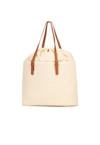 Borsa tote color crema con un esterno testurizzato, caratterizzata da una parte superiore con cordino arricciato e manici in pelle marrone per il trasporto.