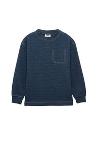 Marineblaue Langarm-Sweatshirt mit strukturiertem Finish, ausgestattet mit einer Brusttasche und kontrastierenden Nähten. Rundhalsausschnitt, gerippte Bündchen und Saum.
