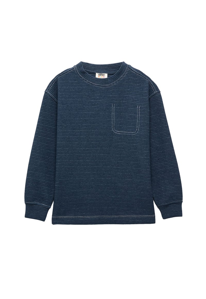 Mørkeblå langærmet sweatshirt med en struktureret overflade, der har en brystlomme og kontrasterende syninger. Rund hals, ribbede manchetter og kant.