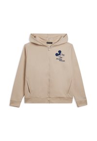 Sweat à zip beige avec une poche kangourou, arborant un graphique de Mickey Mouse bleu marine sur la poitrine. Tissu doux, design avec capuche.