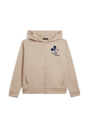 Sudadera con cremallera de color beige, con un bolsillo tipo canguro, que presenta un gráfico de Mickey Mouse en color azul marino en el pecho. Tejido suave, diseño con capucha.