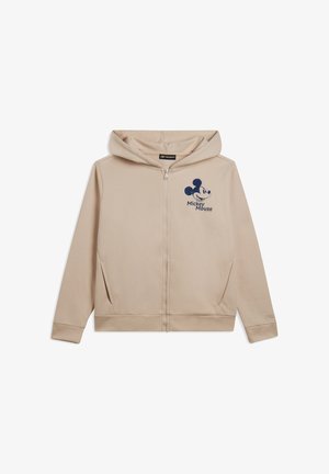 Sudadera con cremallera de color beige, con un bolsillo tipo canguro, que presenta un gráfico de Mickey Mouse en color azul marino en el pecho. Tejido suave, diseño con capucha.