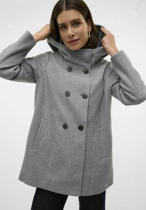 Gray wool blend coat with a double-breasted design, large black buttons, a hood, and side pockets. Smooth texture, tailored fit.