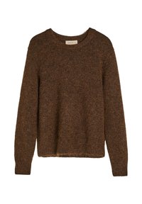 Brązowy, teksturowany sweter wykonany z miękkiego materiału, z okrąg�łym dekoltem, długimi rękawami oraz luźnym krojem z prostym wykończeniem.