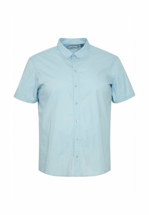 Világoskék, rövid ujjas ing, gombos elülső rész, puha anyag, sima textúra, klasszikus gallér és egyenes szabás, laza illeszkedéssel.