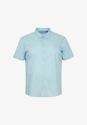 Világoskék, rövid ujjas ing, gombos elülső rész, puha anyag, sima textúra, klasszikus gallér és egyenes szabás, laza illeszkedéssel.