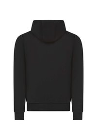 Haut à capuche noir en tissu doux, doté d'une capuche doublée, d'une poche avant et de poignets et d'un ourlet côtelés. Texture lisse et design minimaliste.