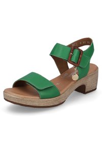 Green leather sandal with two wide straps, featuring a decorative buckle and textured wedge heel. Brown insole with subtle stitching detail.