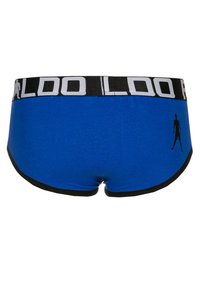 Blå bomulds-boxershorts med en sort elastisk talje, der har teksten "ALDO" og en silhuetdesign.