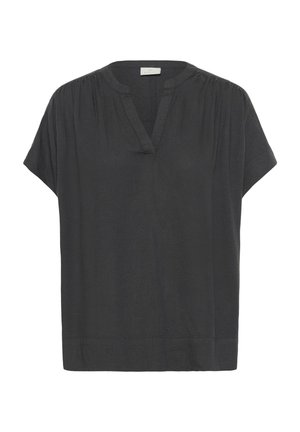 Schwarze Leinenbluse mit lockerer Passform, kurzen Ärmeln, V-Ausschnitt und Raffung an den Schultern. Glatte Textur.