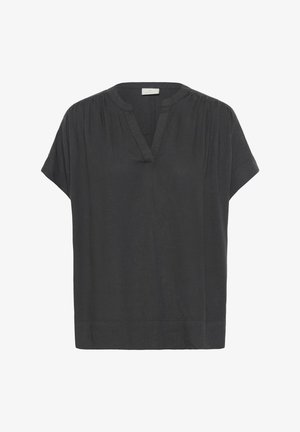 Czarna lniana bluzka o luźnym kroju, krótki rękaw, dekolt w kształcie litery V oraz marszczenia na ramionach. Gładka tekstura.