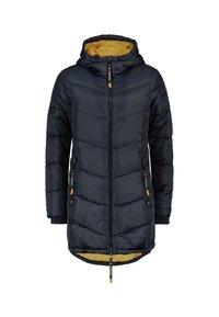 Námořnická prošívaná bunda s kapucí, s žlutou podšívkou, předním zipem a dvěma bočními kapsami na zip.