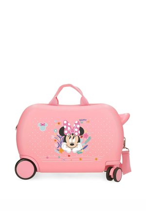 Maleta rosa para niños con ruedas, que muestra a Minnie Mouse con un lazo rosa con lunares y detalles florales, y el texto "Feliz de ser yo".