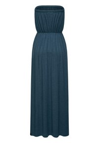 Maxime dress in tumma teal -kangasta, joka esittelee hihattoman muotoilun, kokoontuneen vyötärön, virtaavan hameen ja sileän, pehmeän pinnan.