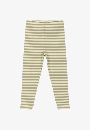 Leggins a rayas con textura acanalada en suaves tonos verdes y crema. El diseño incluye rayas horizontales por todo el tejido.