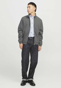 Grijze lichtgewicht bomberjack, lichtblauw gestreept shirt en donkerdenim jeans. Zwarte schoenen en een zwarte riem maken de outfit compleet.