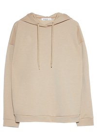 Felpa con cappuccio beige realizzata in tessuto morbido, dotata di tasca frontale, lacci al colletto e vestibilità comoda. Texture liscia.