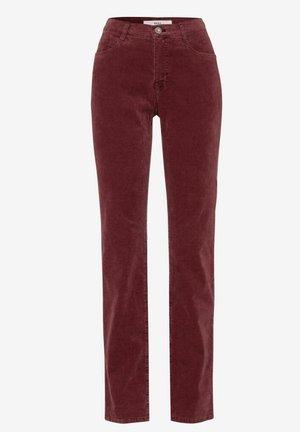 Pantalon en velours côtelé à jambes droites, de couleur rouge foncé, avec poches avant, fermeture par boutons et passants de ceinture, style décontracté.