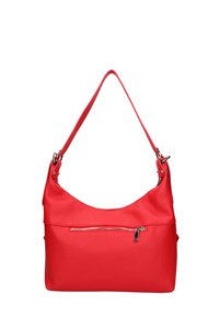 Borsa a spalla in pelle rossa con finitura testurizzata, una sola tracolla e una tasca con zip frontale. Forma morbida e arrotondata con dettagli in hardware argentato.