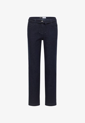 Pantaloni in denim blu scuro con taglio dritto, vita elasticizzata con coulisse, tasche frontali e dettagli di cuciture a vista.