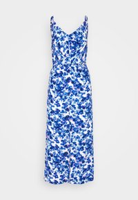 Jumpsuit senza maniche con scollatura a V, gamba larga, base bianca e motivo floreale blu con accenni di rosa.