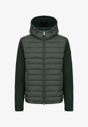 Žalias gobtuvė sukvietimas, turintis siuvinėtą kūną ir išklotomis rankovėmis, priekinį užtrauktuką ir reguliuojamus raištelius ant gobtuvo.