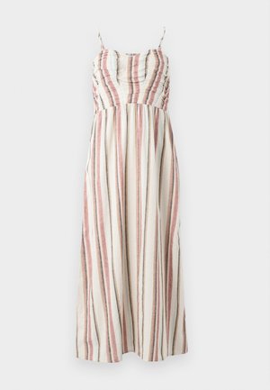 Maxi šaty z krémové tkaniny s vícebarevnými vertikálními pruhy v červené, modré a šedé barvě. Mají tenké ramínka a nařasenou sukni.