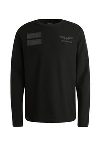 Schwarzer Pullover mit langen Ärmeln aus weichem Stoff, der strukturierte Einsätze mit "PME LEGEND", einem Logo und einem runden Halsausschnitt aufweist.