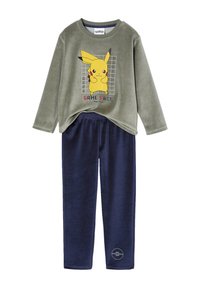 Kinder Zweiteiler Pyjama-Set mit grauem Langarmoberteil, das ein Pikachu-Design zeigt, und navyblauen Hosen mit Pokéball-Muster am Saum.