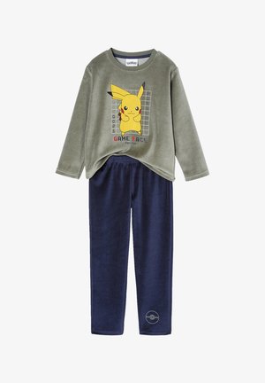 Children's two-piece pajama set with gray long-sleeve top featuring Pikachu graphic and navy blue pants with Pokeball design near hem.