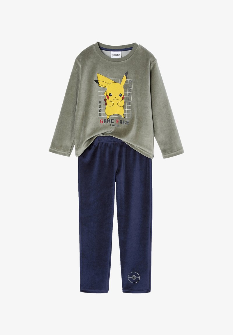 Kinder Zweiteiler Pyjama-Set mit grauem Langarmoberteil, das ein Pikachu-Design zeigt, und navyblauen Hosen mit Pokéball-Muster am Saum.