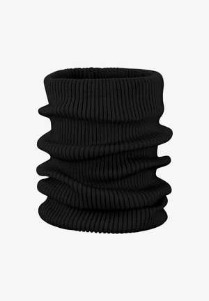 Schwarzer gerippter Strickhalswärmer mit einem röhrenförmigen Design. Weiche Textur, geraffter Stoff und elastischer Stretch für einen engen Sitz.